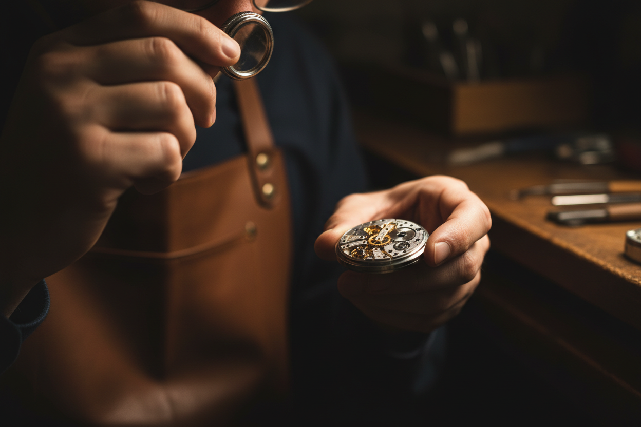 A watchmaker examining a vintage movement